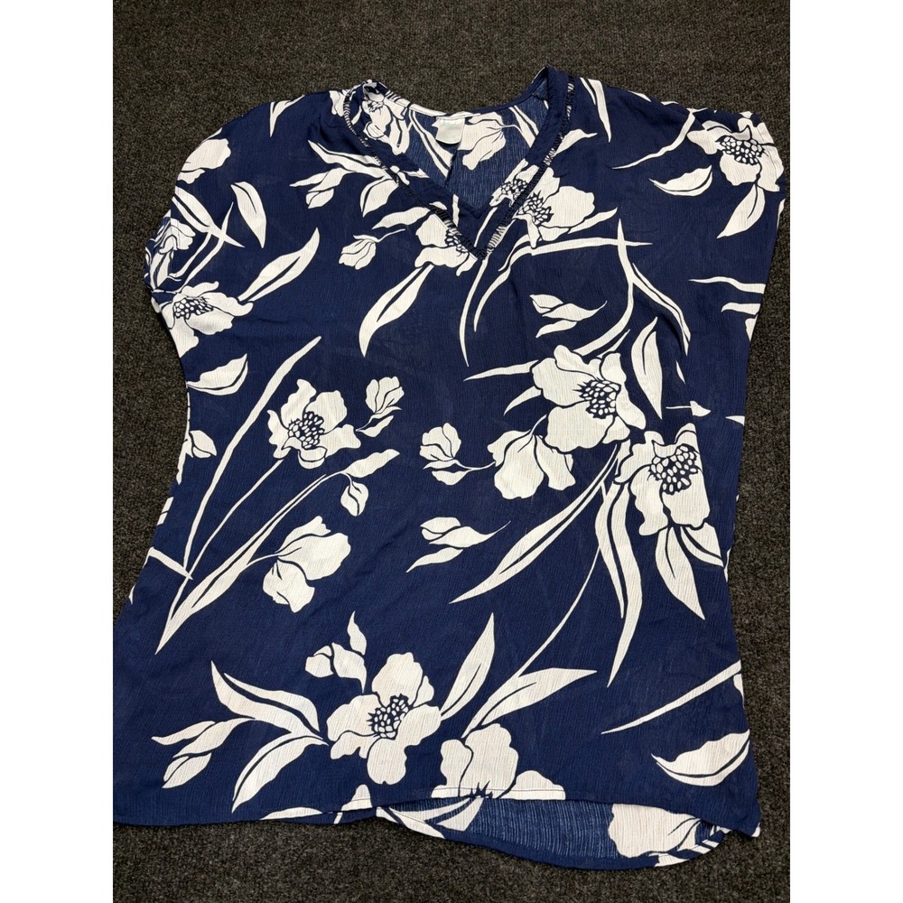Kona Sol Navy Blue White Floral Swim Cover Up Top V-Neck Short Sleeve Small